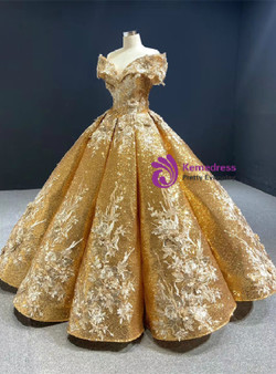 Gold Sequins Off the Shoulder Appliques Prom Dress